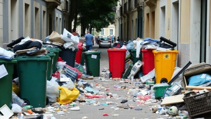 Lisbon street littered with waste and overflowing bins.