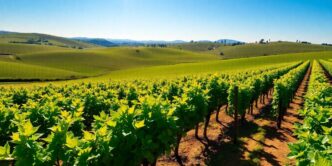 Vineyard landscape in Portugal with rolling hills and grapes.