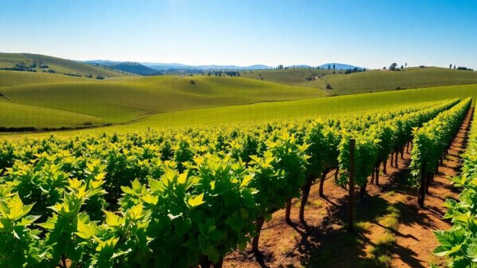 Vineyard landscape in Portugal with rolling hills and grapes.