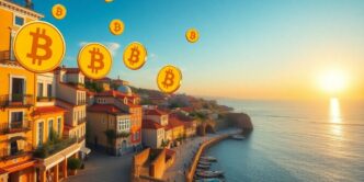 Colorful Portugal scene with Bitcoin symbols in the sky.