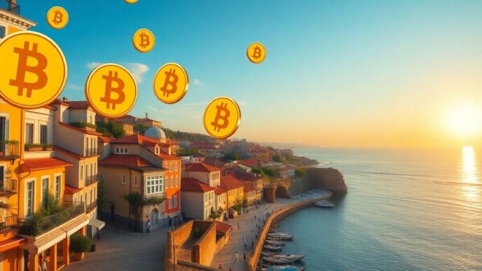 Colorful Portugal scene with Bitcoin symbols in the sky.