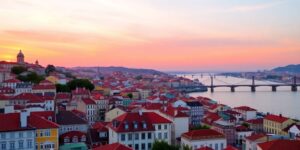 Lisbon skyline at sunset with colorful buildings and river.