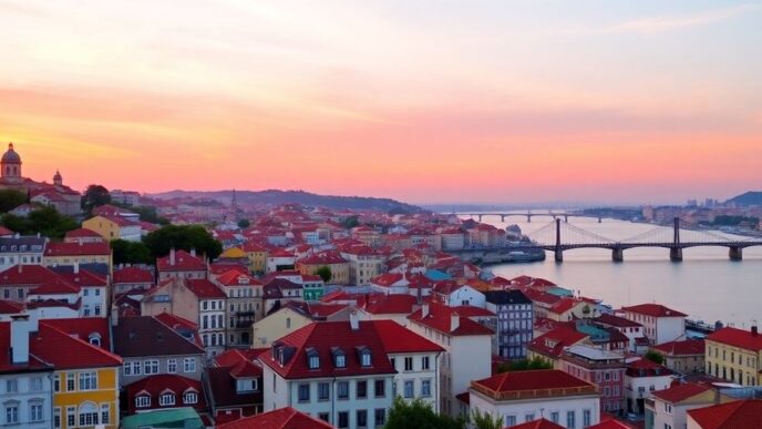 Lisbon skyline at sunset with colorful buildings and river.