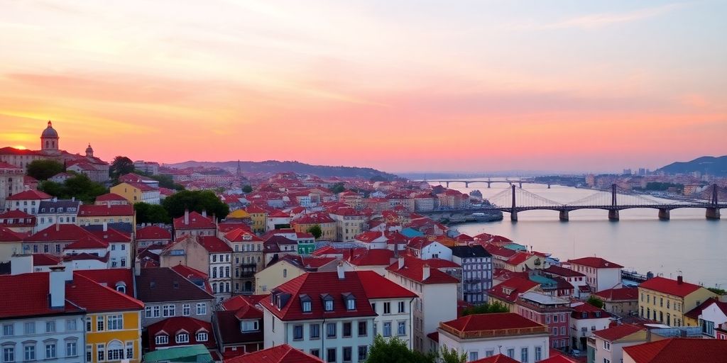 Lisbon skyline at sunset with colorful buildings and river.