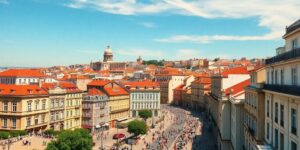 Lisbon skyline with historic and modern buildings under sunlight.