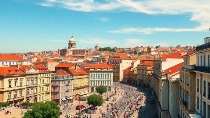 Lisbon skyline with historic and modern buildings under sunlight.