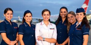 Cabin crew members celebrating a legal victory at an airport.