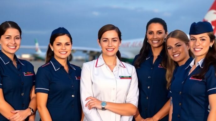 Cabin crew members celebrating a legal victory at an airport.