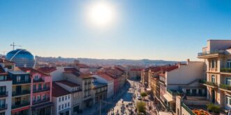 Lisbon skyline with modern buildings and sunset.