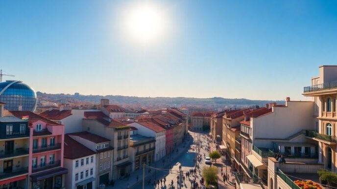 Lisbon skyline with modern buildings and sunset.