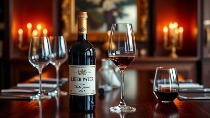 Luxurious Liber Pater wine bottle on elegant wooden table.