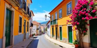 Colorful buildings and cobblestone streets in Portugal.