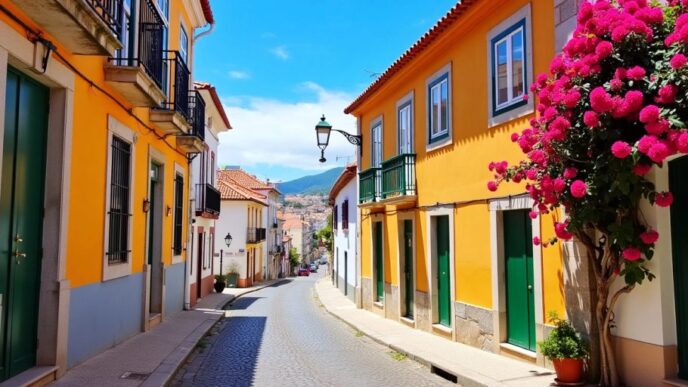 Colorful buildings and cobblestone streets in Portugal.