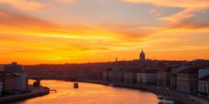 Lisbon skyline at sunset with modern and historic buildings.