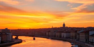 Lisbon skyline at sunset with modern and historic buildings.