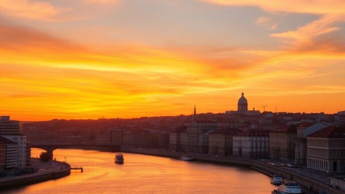 Lisbon skyline at sunset with modern and historic buildings.