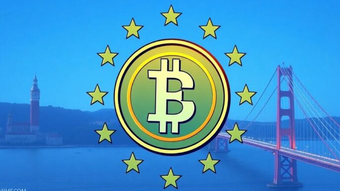 Digital currency with European Union symbols and Portugal landmarks.