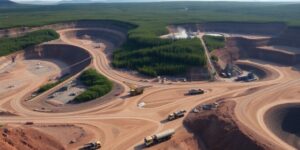 Mining operations with heavy machinery in a green landscape.