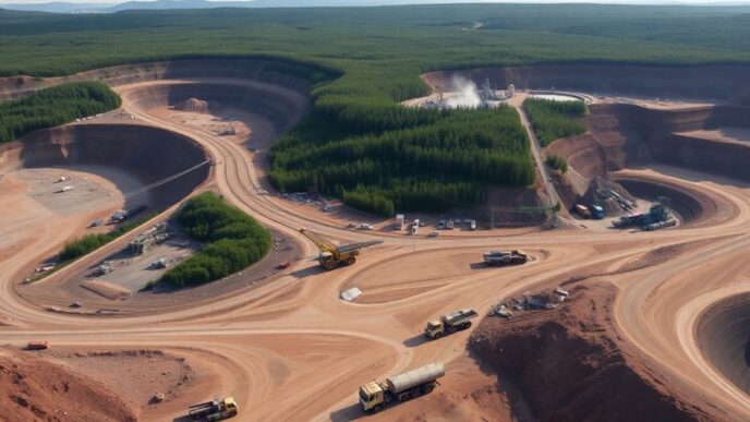 Mining operations with heavy machinery in a green landscape.