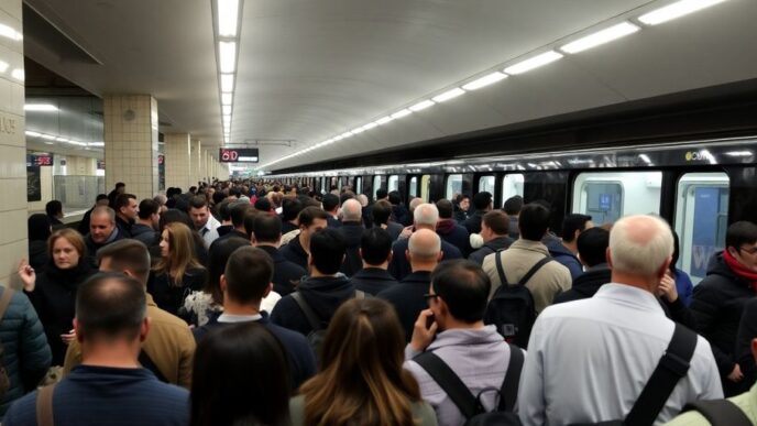 Crowded metro station in Lisbon during morning disruptions.