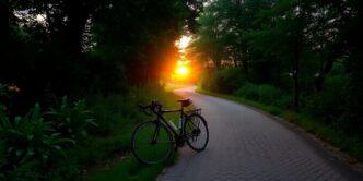 Bicycle on a path in a tranquil green setting.