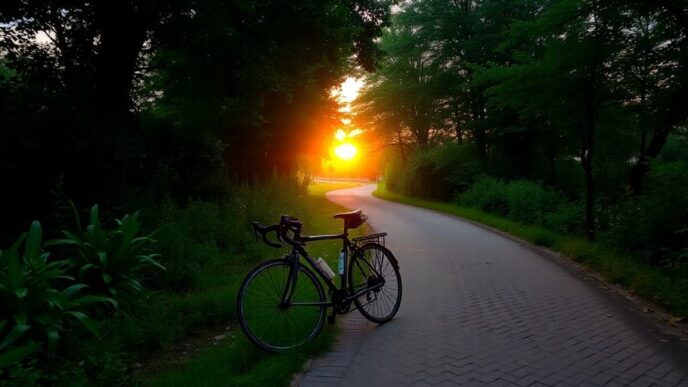 Bicycle on a path in a tranquil green setting.