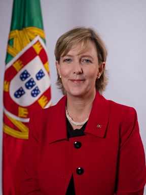 Maria Luís Albuquerque seen in a formal pose beside the Portuguese flag