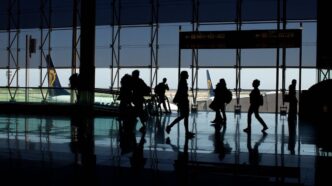 Travelers walk past a large window at an airport silhouetted against the sky with aircraft seen in the background