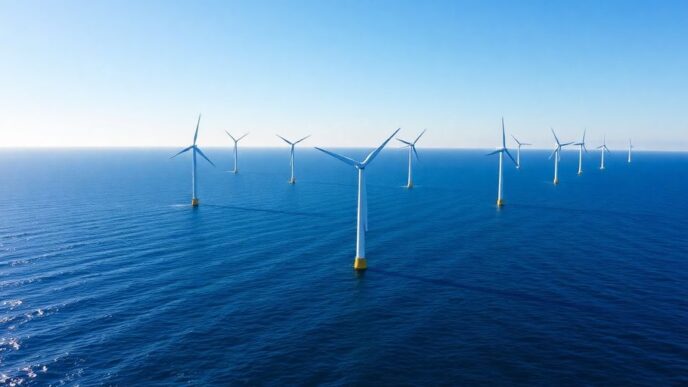 Offshore wind turbines in Portugal against a blue sky.