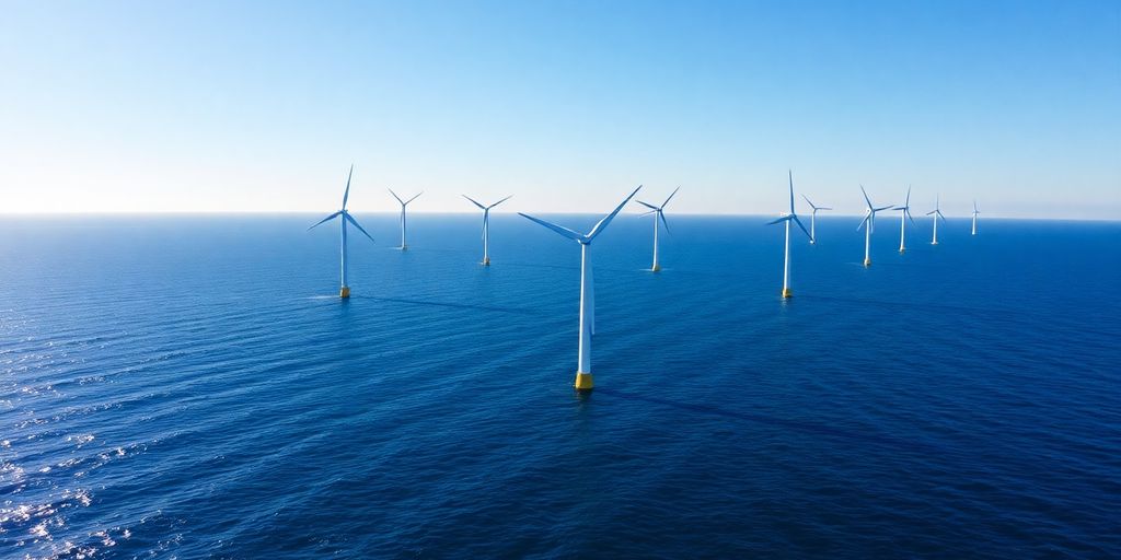 Offshore wind turbines in Portugal against a blue sky.