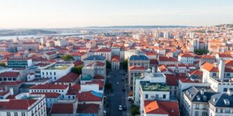 Aerial view of Lisbon with modern buildings and satellite dishes.