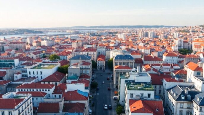 Aerial view of Lisbon with modern buildings and satellite dishes.