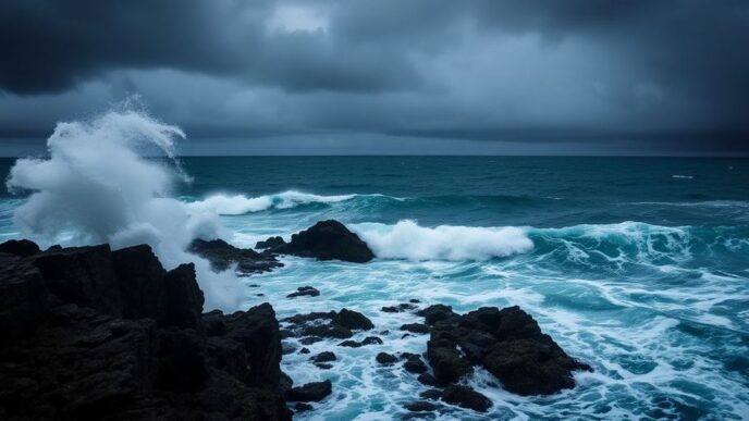 Turbulent ocean waves crashing against cliffs during storm.