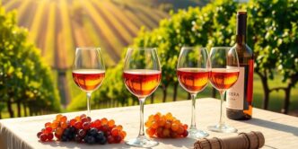 Glasses of Madeira wine on a vineyard table.