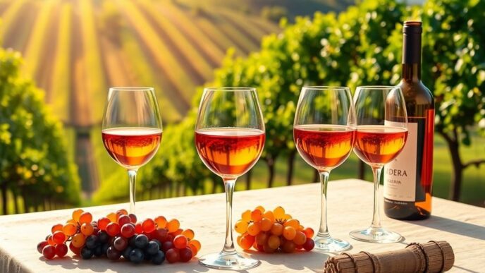 Glasses of Madeira wine on a vineyard table.