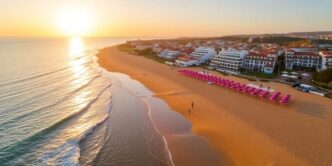 Beautiful beach hotels in the Algarve at sunset.