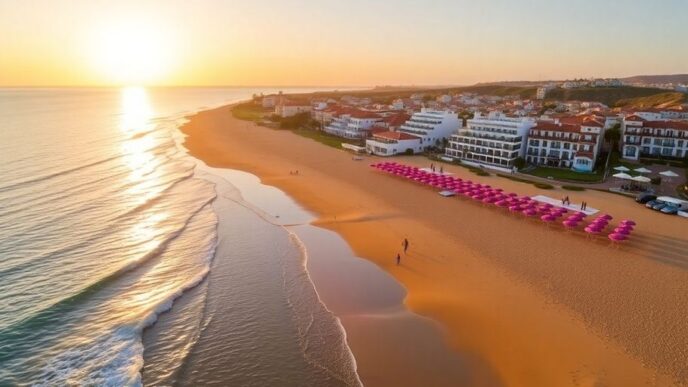 Beautiful beach hotels in the Algarve at sunset.