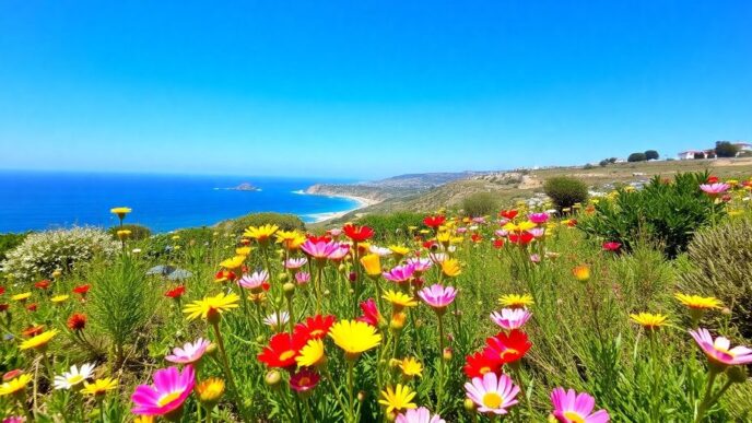 Sunny Algarve landscape with blooming flowers and coastal views.