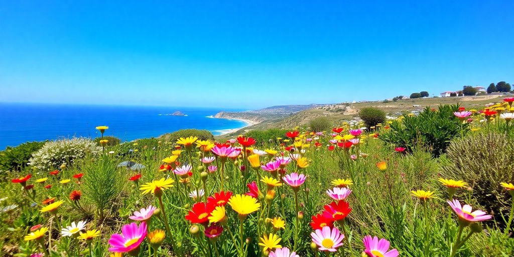 Sunny Algarve landscape with blooming flowers and coastal views.