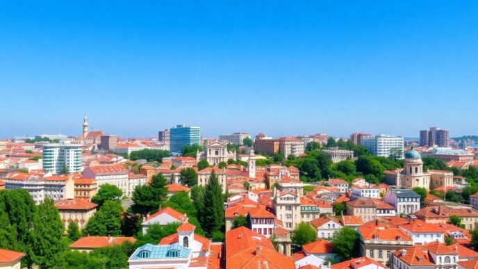 Lisbon skyline with diverse architecture and greenery.