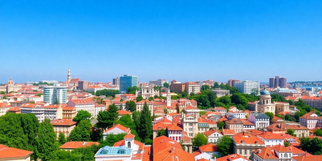 Lisbon skyline with diverse architecture and greenery.