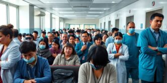 Crowded hospital with patients waiting for urgent care.