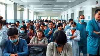 Crowded hospital with patients waiting for urgent care.