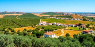 Rolling hills and white houses in Alentejo region, Portugal.