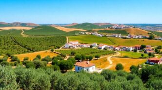 Rolling hills and white houses in Alentejo region, Portugal.