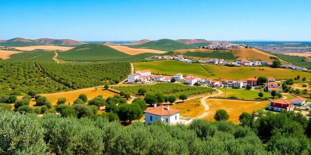 Rolling hills and white houses in Alentejo region, Portugal.