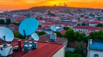 Lisbon cityscape with satellite dishes and sunset backdrop.