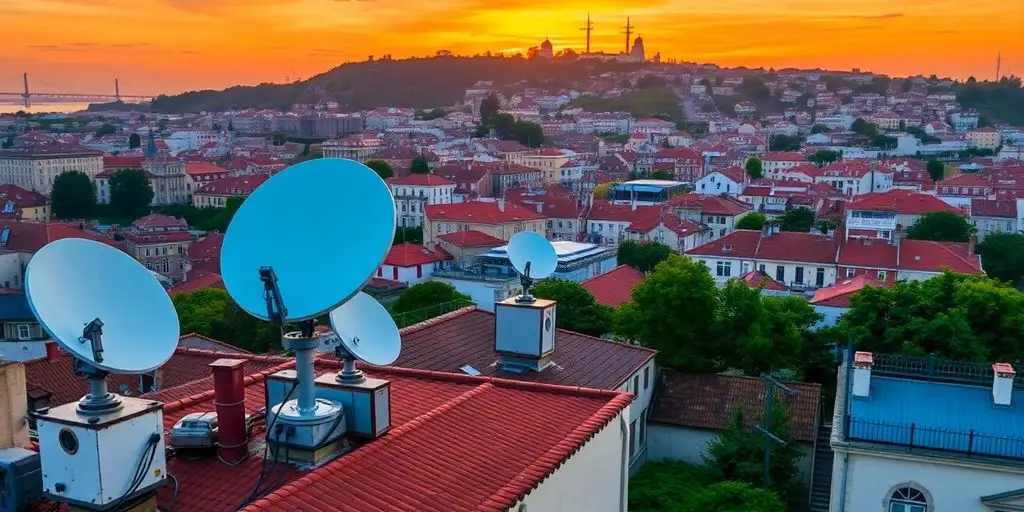 Lisbon cityscape with satellite dishes and sunset backdrop.