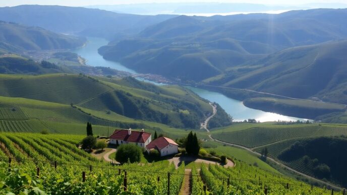 Douro Valley vineyards with lush grapevines and river.