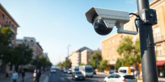 Street surveillance camera on lamp post in city.